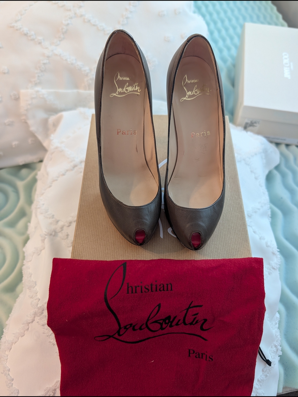Christian Louboutin Gray Leather Peep-Toe Pumps with Red Toe Accent
